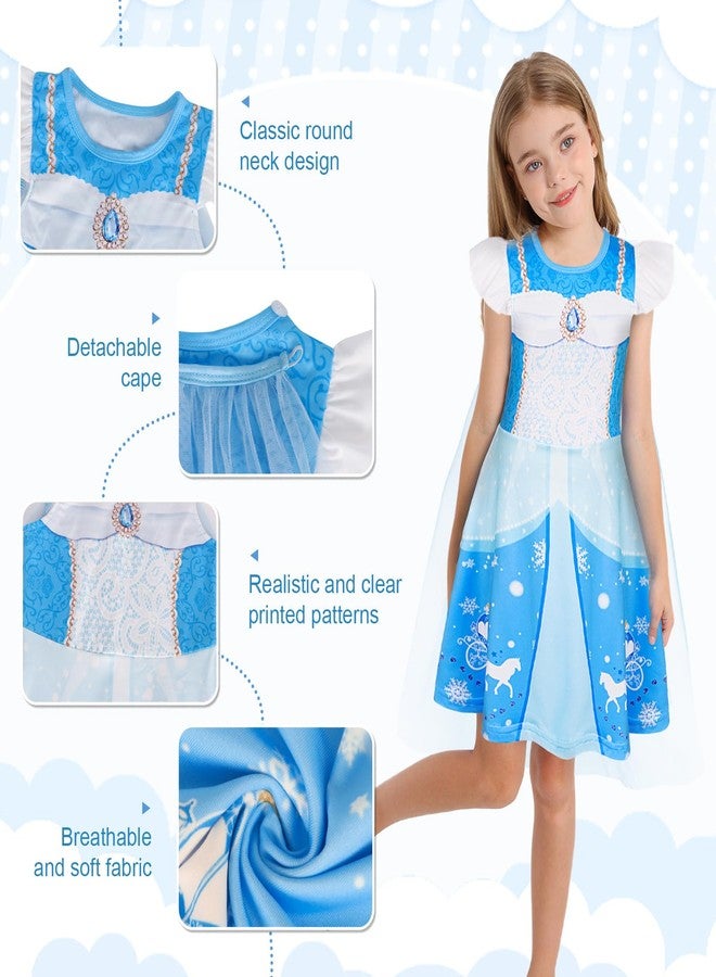 WonderBabe Princess Dress for Girls Short Sleeve Princess Costume with Cape Fancy Dress Up for Halloween Cosplay Carnival Blue Size 5-6 - Image 3
